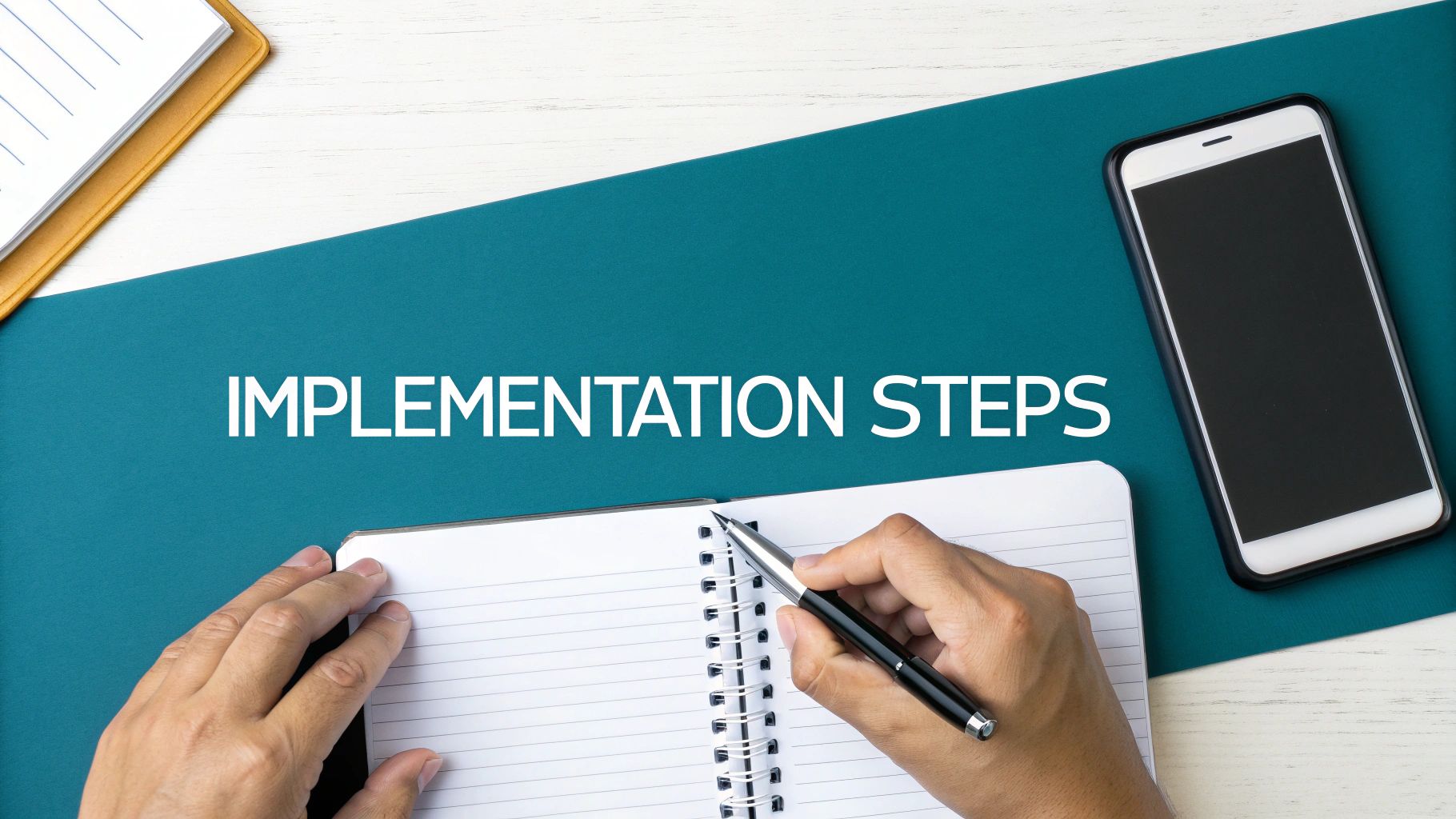 Overhead shot of hands writing in a notebook, with 'IMPLEMENTATION STEPS' text visible on a teal background.
