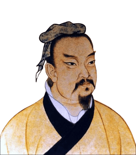 A traditional painting of an ancient Chinese figure with a calm, dignified expression. He has a neatly styled mustache and goatee, wearing a yellow robe with black trim and a simple headdress. The artwork showcases classic Chinese brushwork, highlighting his serene face and scholarly presence. The faded background and soft colors emphasize the historical and cultural significance of the portrait.