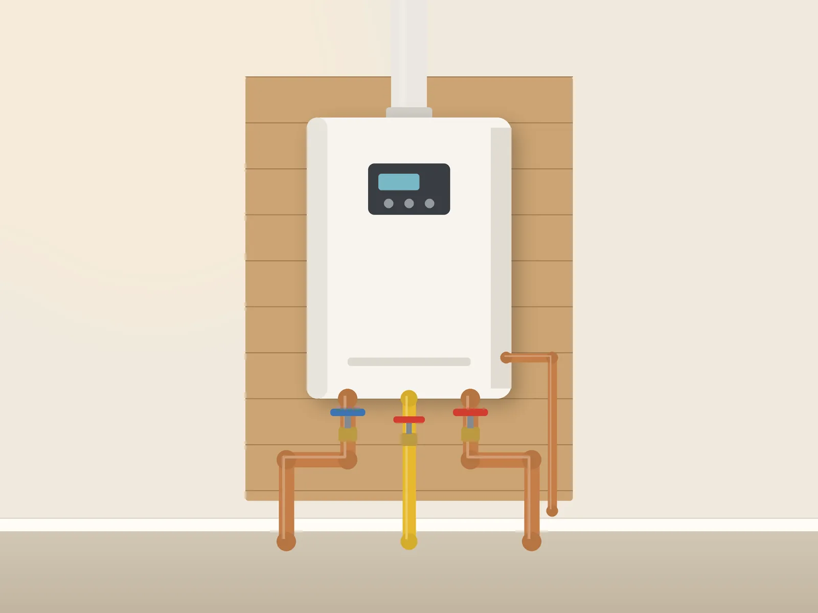 Wall-mounted tankless water heater with new copper and gas piping