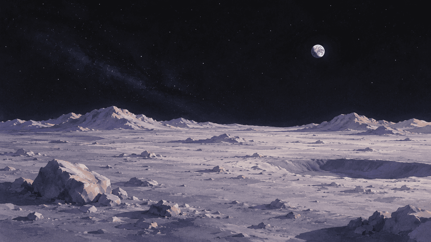 Lunar landscape under starry sky; Earth visible. CRM, WhatsApp, IA insights.