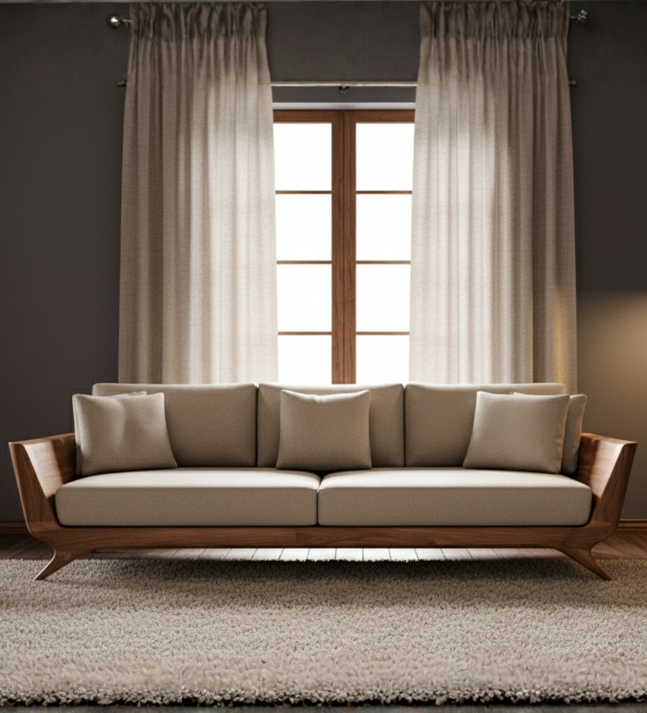 Luxury contemporary sofa with neutral fabric upholstery and exposed wooden frame