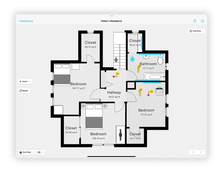 magic plan floor plan with room measurements and damage markers used for detailed restoration estimates