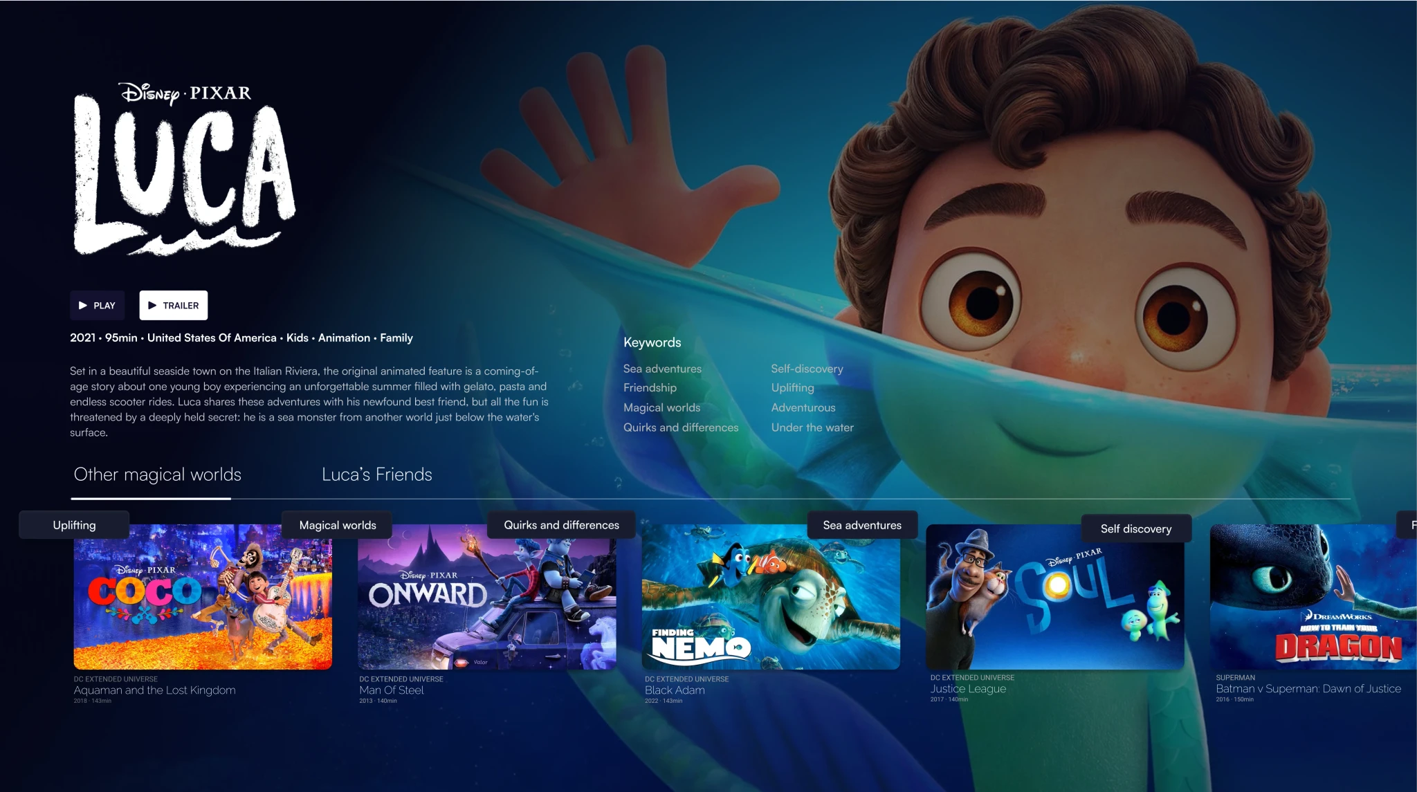 interface showcasing advanced video descriptors and personalized content discovery features