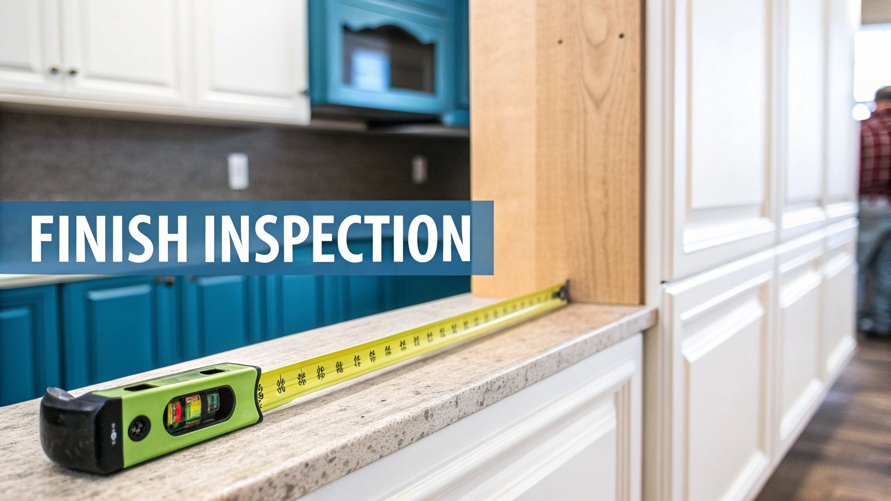A finish inspection is conducted in a modern kitchen with a measuring tape and level on the countertop.