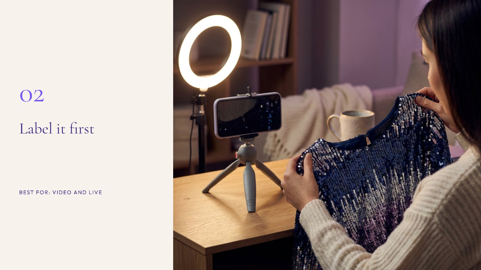 A creator filming a sequinned party top on a phone tripod with a ring light