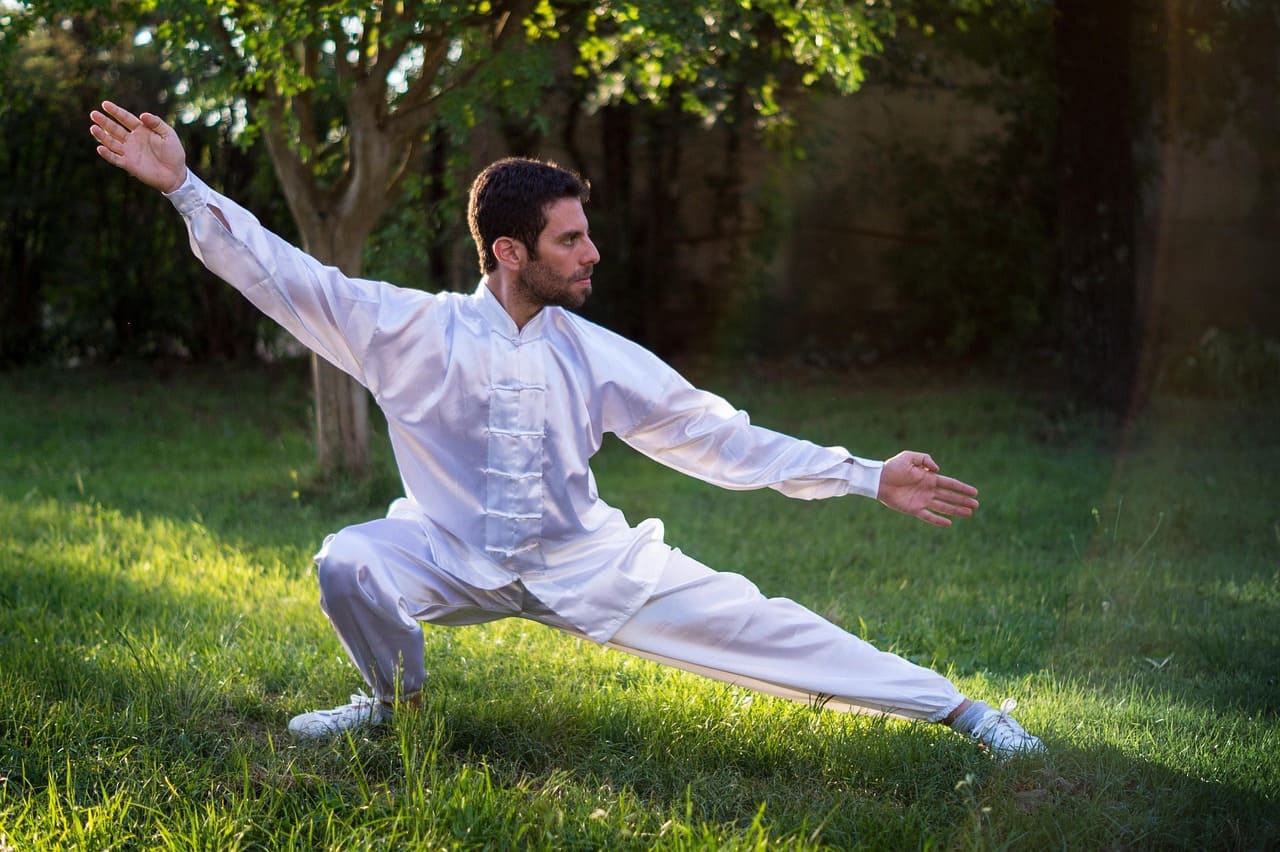 A man practicing martial arts in a white uniform, performing a stance in a grassy area with trees in the background.
