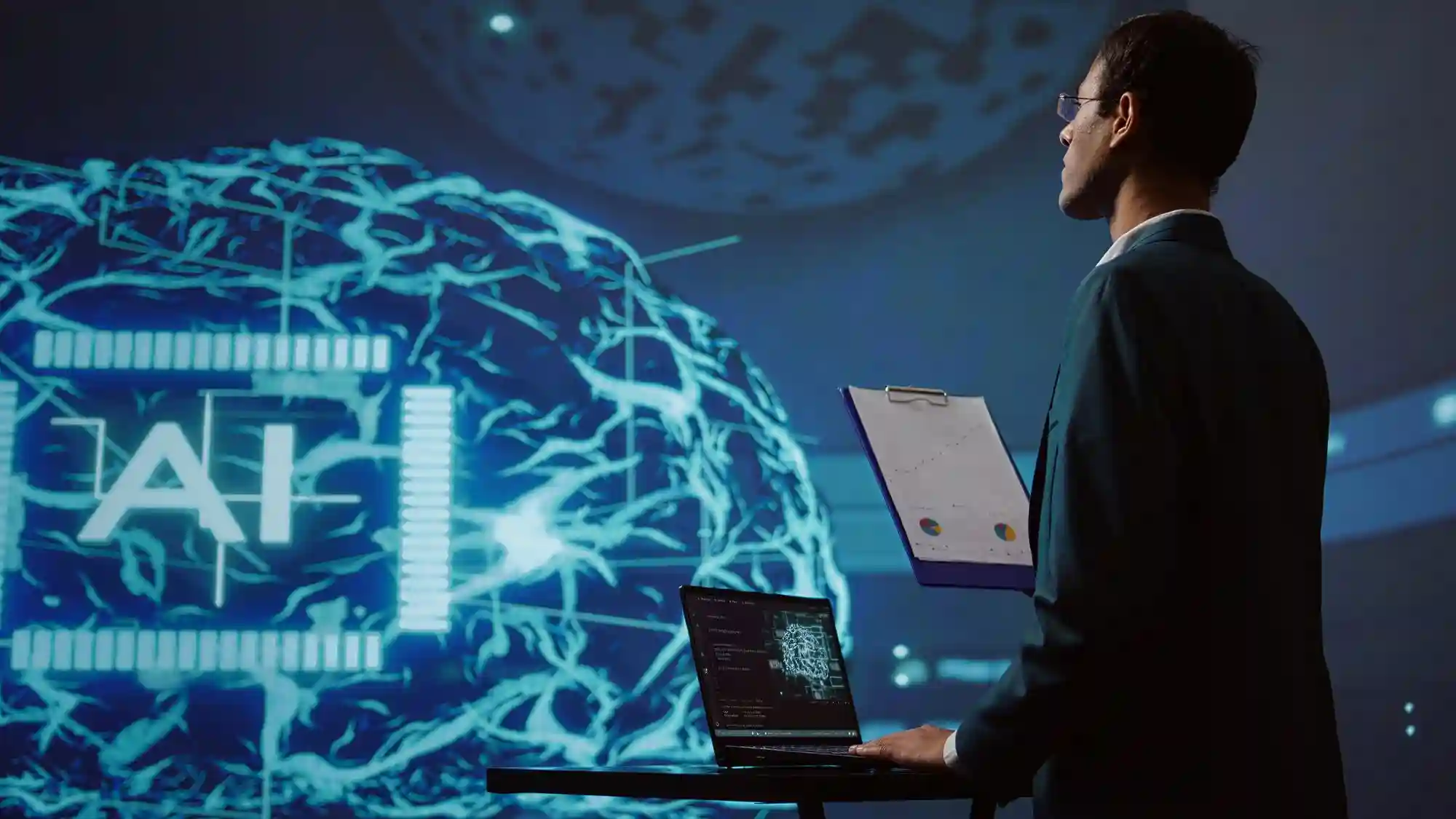 A professional analyzing a digital neural network and AI display, representing the integration of human expertise and machine intelligence.
