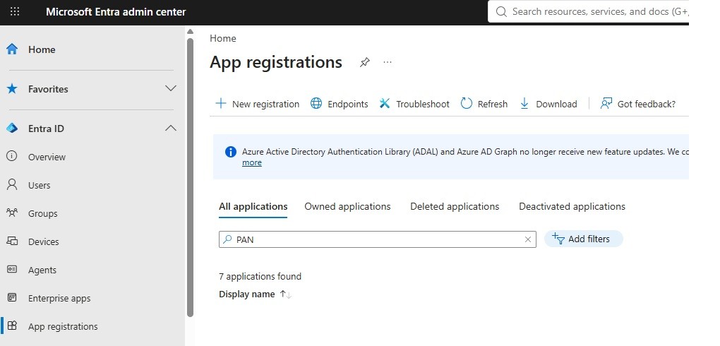 Entra admin centre app registrations screen.