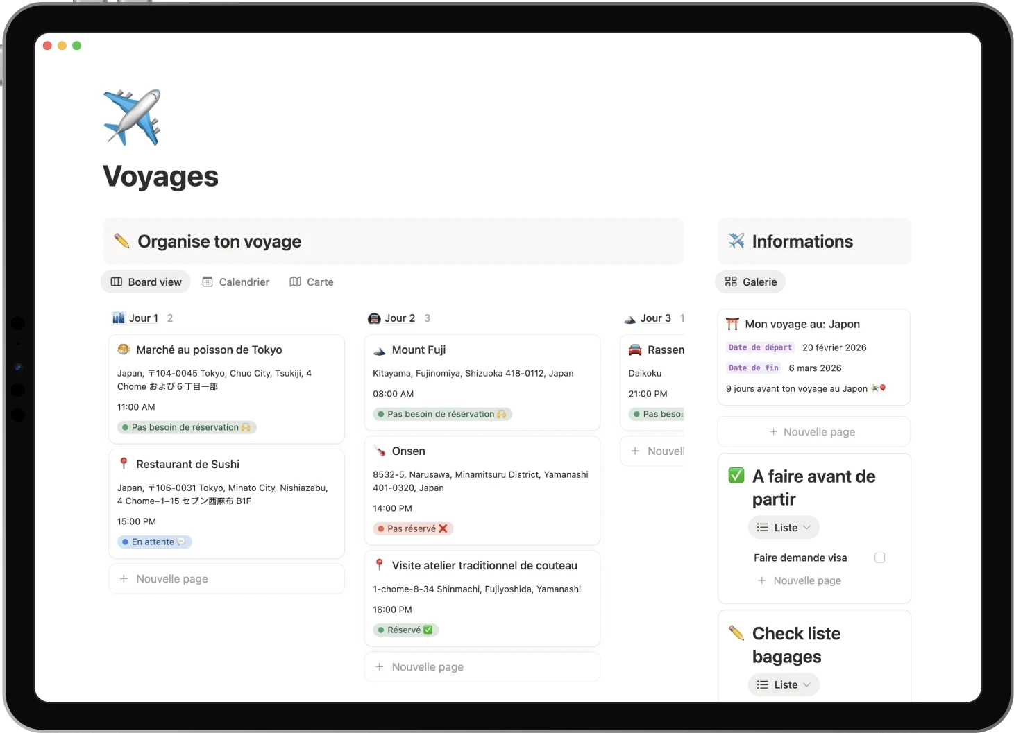  Ipad displaying the Travel template: Plan your entire trip, manage bookings, log your adventures, make your packing list and to-dos before leaving.
