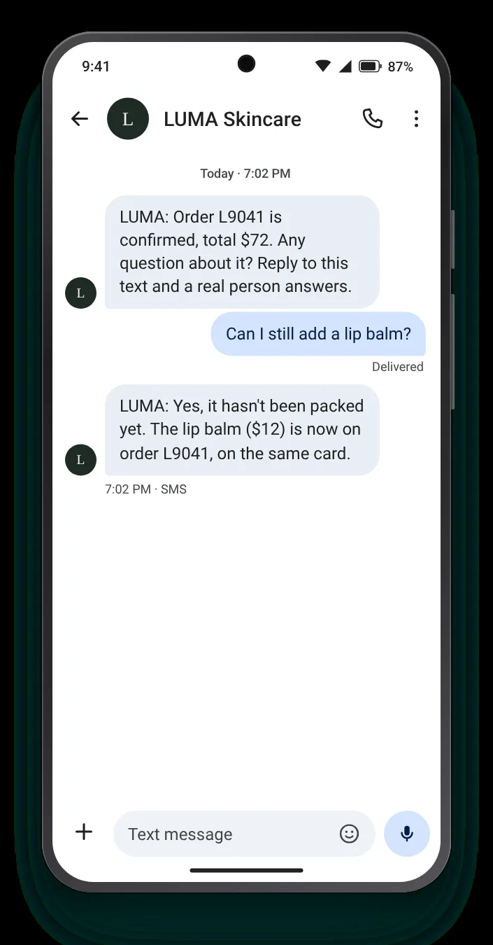 A confirmation that takes questions order confirmation text on an Android phone