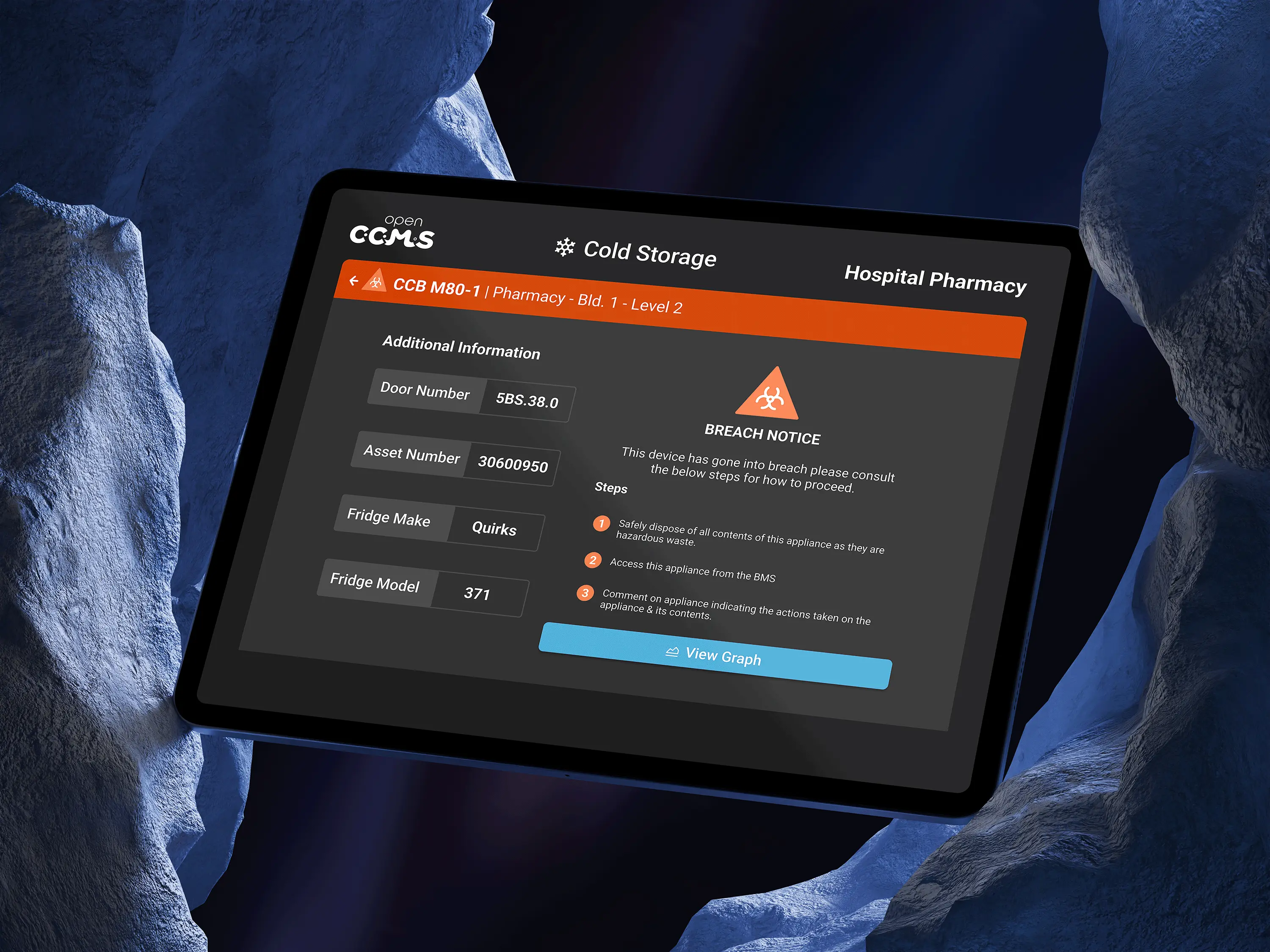 Tablet device displaying an OpenCCMS breach notice on the screen, alerting about a temperature or door status issue in the cold chain system.