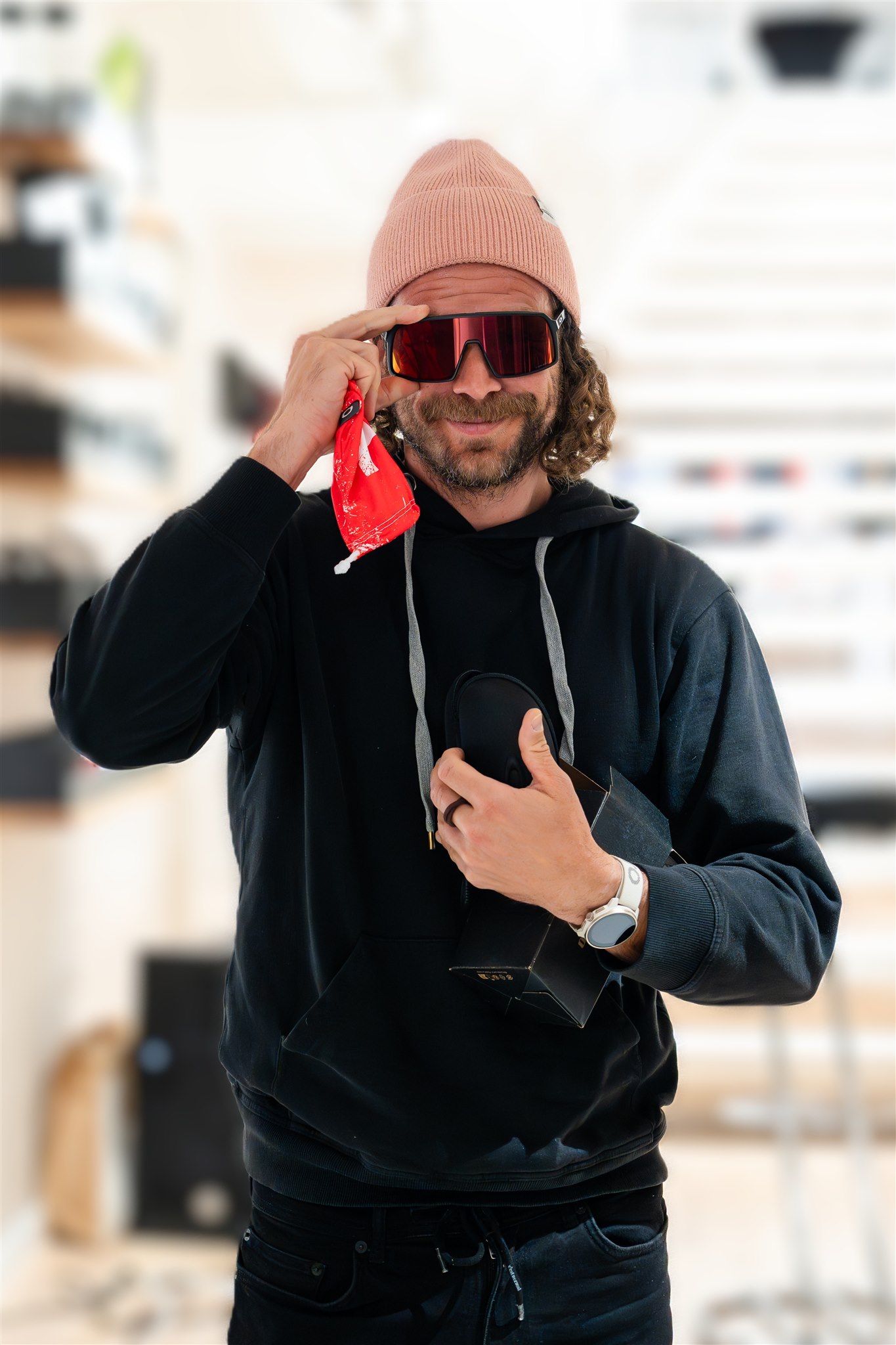 Guest posing with sunglasses at event in Zurich