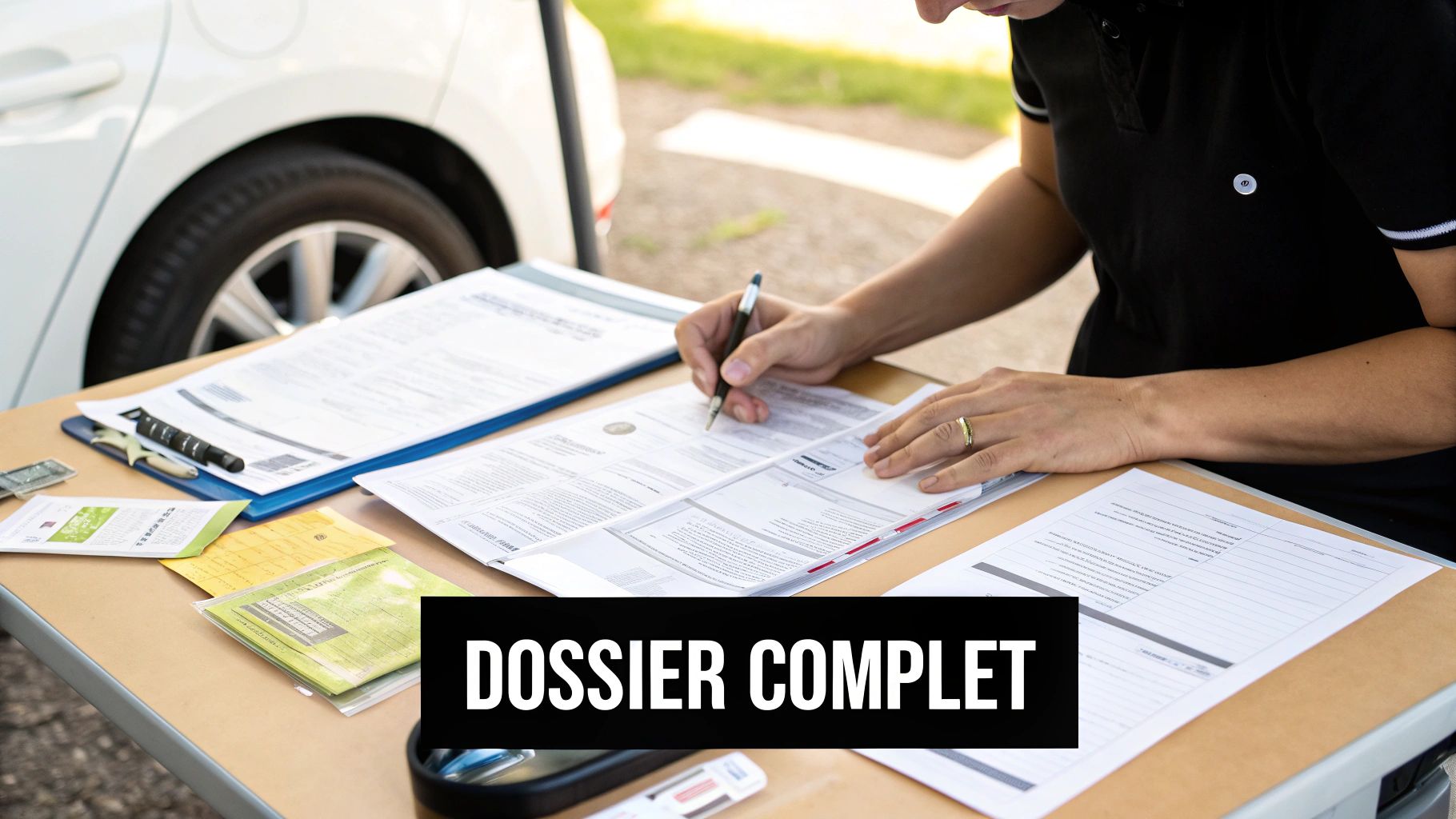 Une personne remplit des documents sur une table d'examen, près d'une voiture, avec un dossier complet.