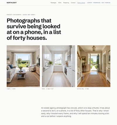 Real estate photography website built with AI showing a near white hero with a large headline, three captioned interiors of a living room, kitchen and hallway, and an offset statement paragraph