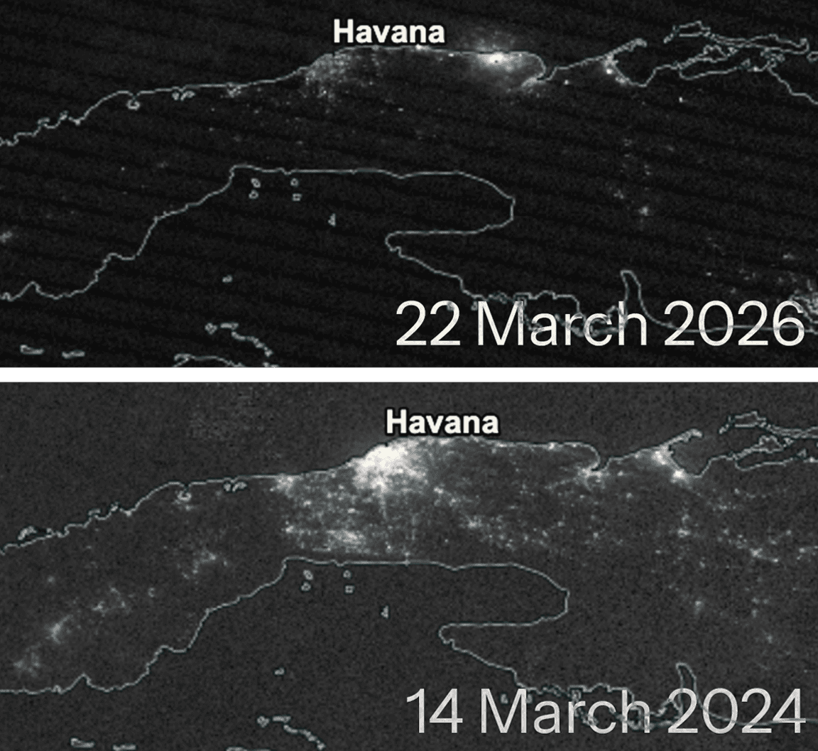 A comparison of photos taken of Havana by the Black Marble. The top photo represents March 2026, with only feeble light eminating from the capital city. The bottom represents the same time period two years ago, with a definite presence of light visible.