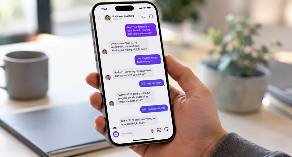 AI Instagram DM automation qualifying a coaching lead and capturing their email
