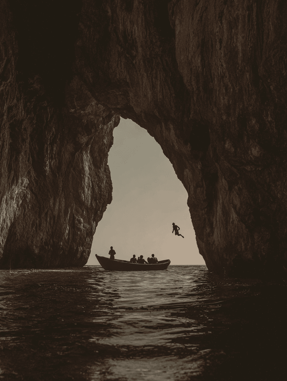 Gråhanå lifestyle photography — group on a boat beneath a monumental sea cave as one person dives into the ocean, symbolizing freedom, exploration, and transformation within Astrophat Studio’s conscious luxury branding.