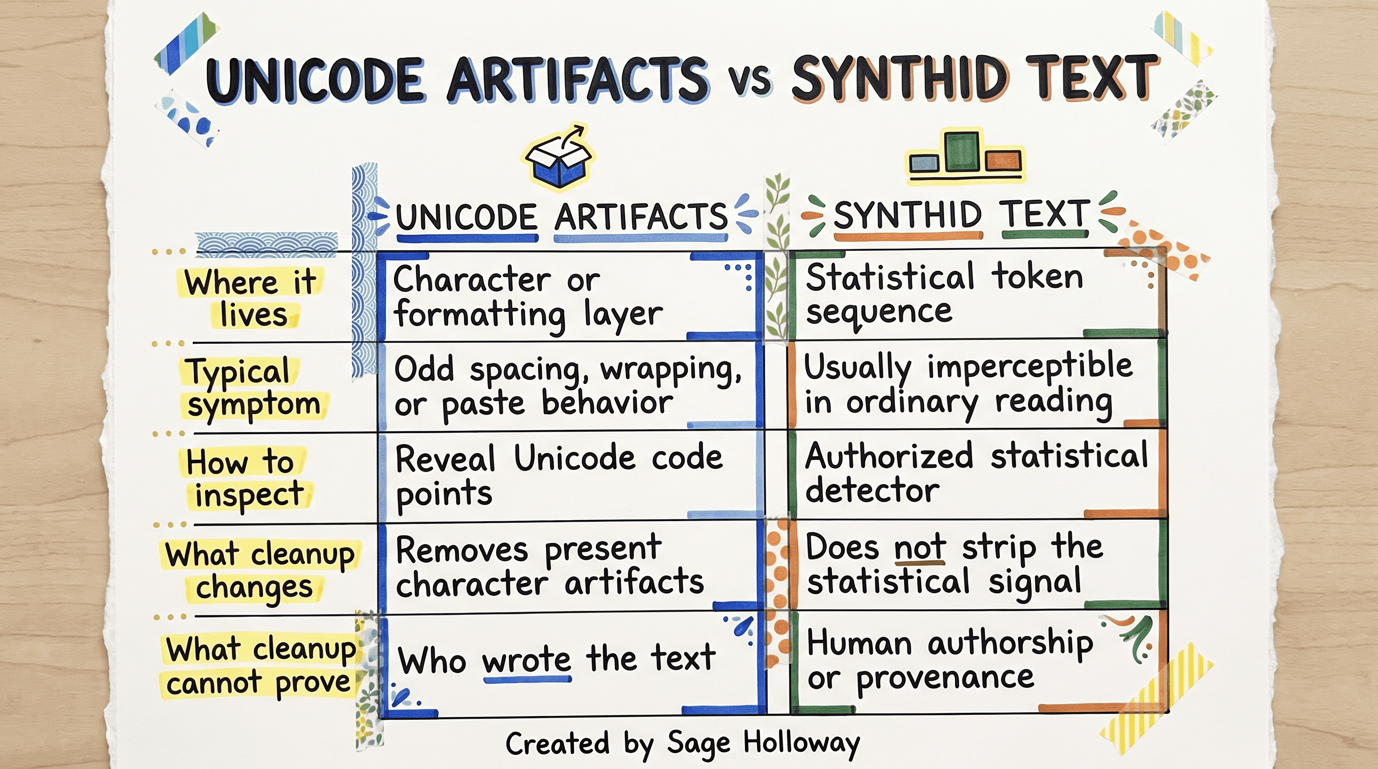 Comparison table of Unicode copy-paste artifacts versus SynthID Text