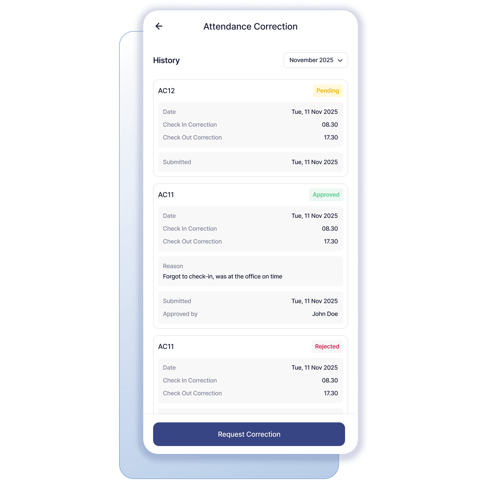 Fitur koreksi kehadiran Absenly untuk pengajuan revisi jam kerja langsung dari aplikasi dengan alur approval HR.