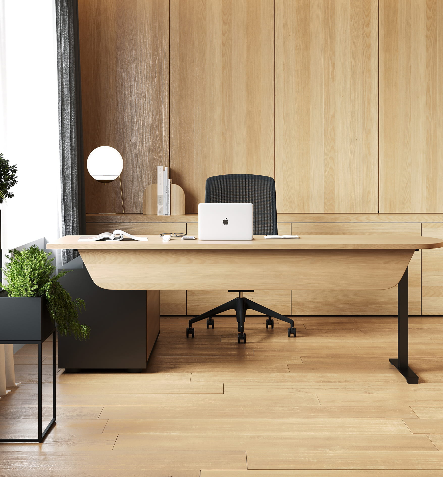 Modern executive office with desk, chair, and wood panel backdrop