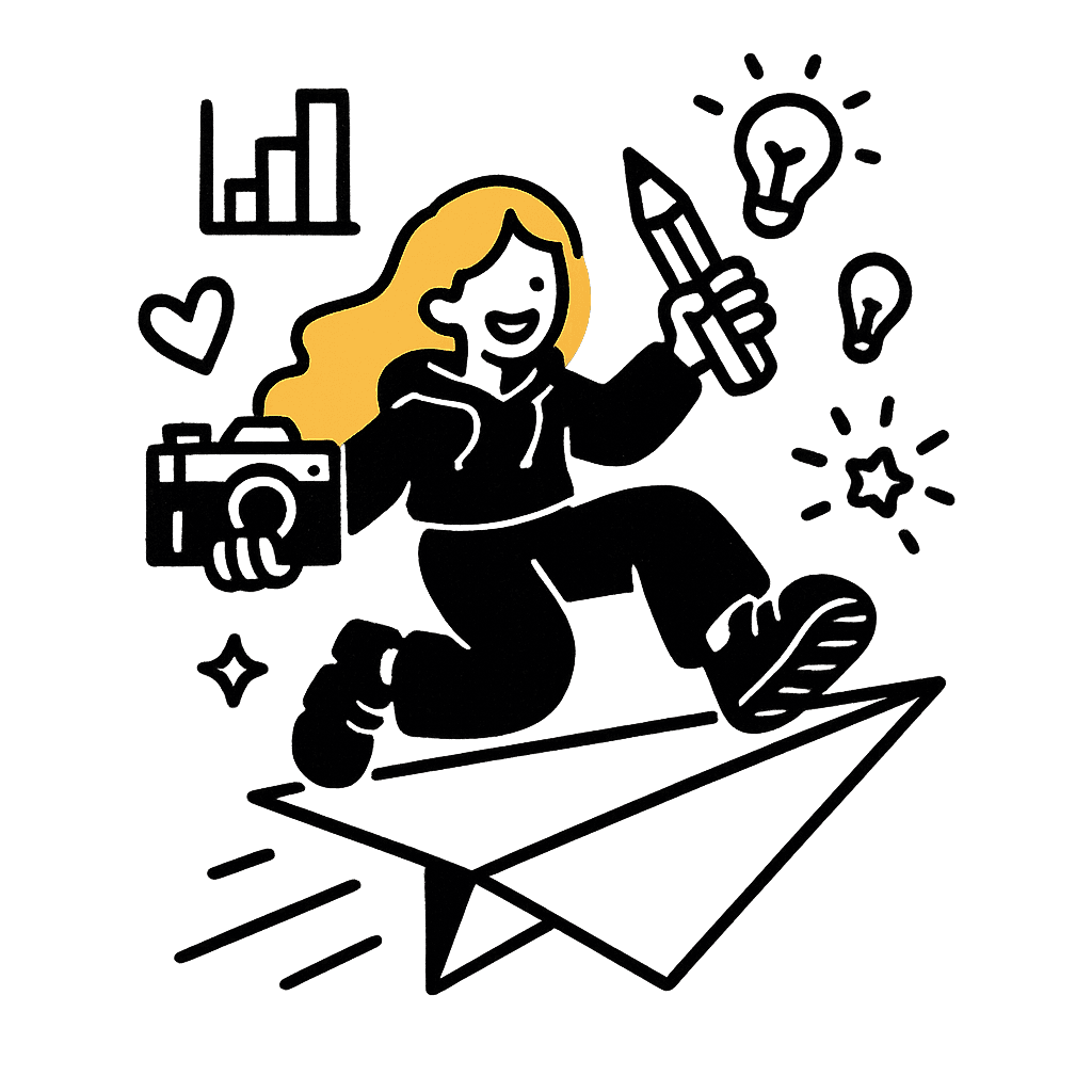 Illustration of a female icon riding a paper airplane surrounded by copywriting objects like pens, pencils and a camera