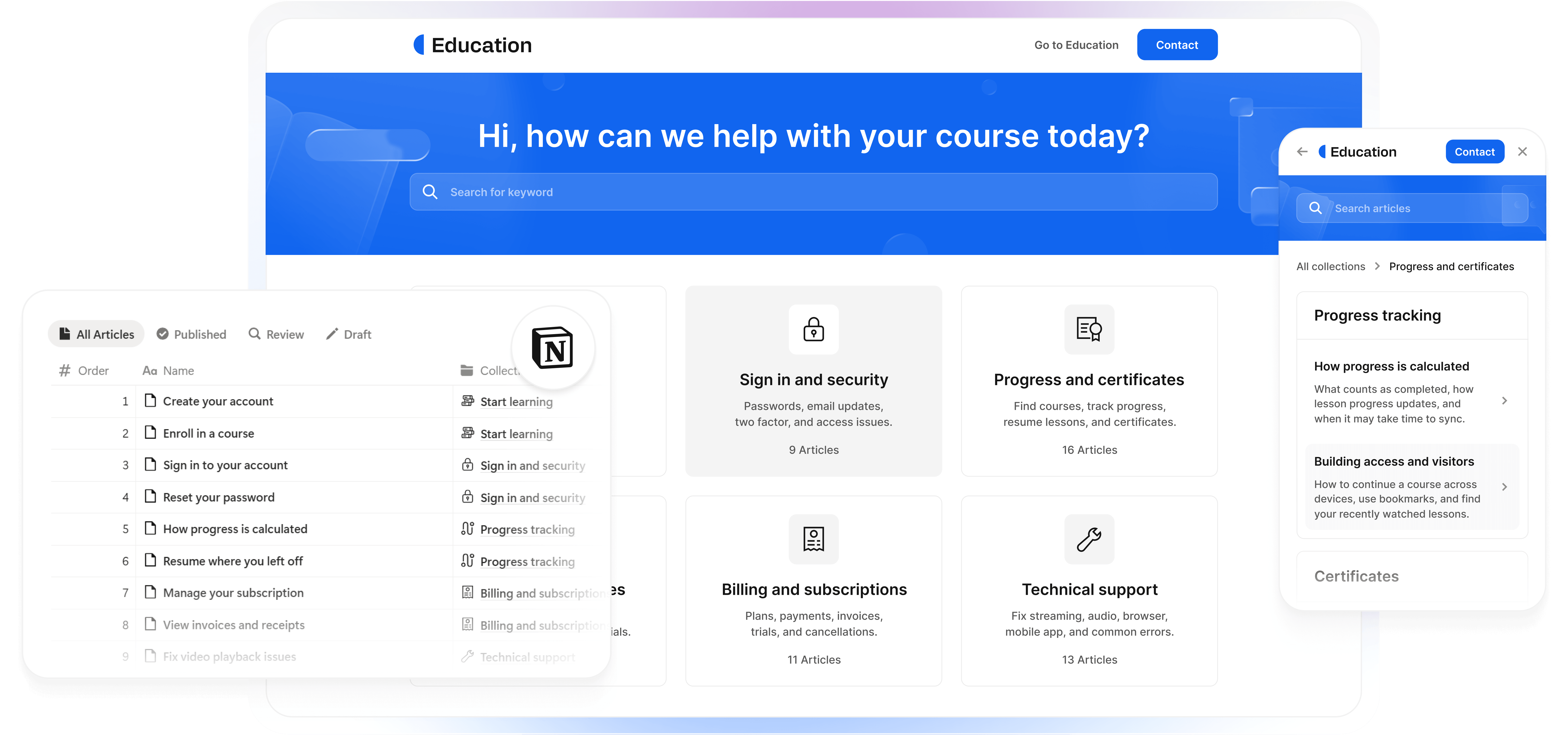 Online course help center with student support documentation built from a Notion workspace.