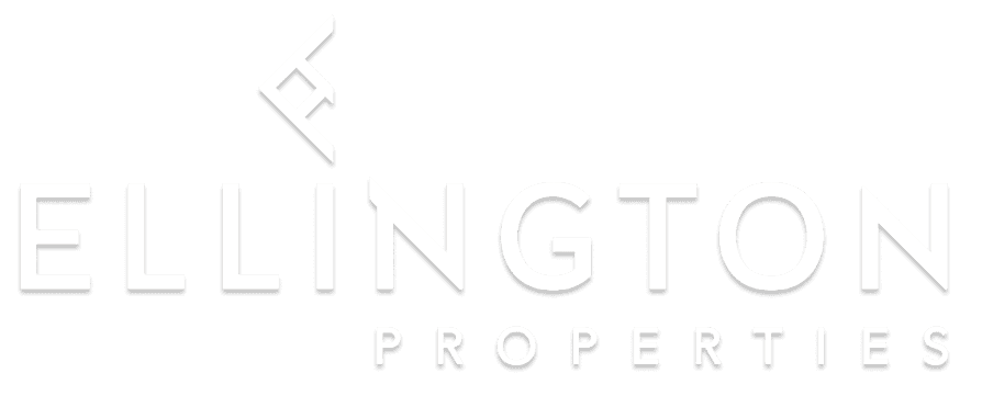 The image displays the logo of Ellington Properties, featuring a stylized "E" icon above the bold, uppercase text "ELLINGTON PROPERTIES" in a modern sans-serif font on a transparent background.
