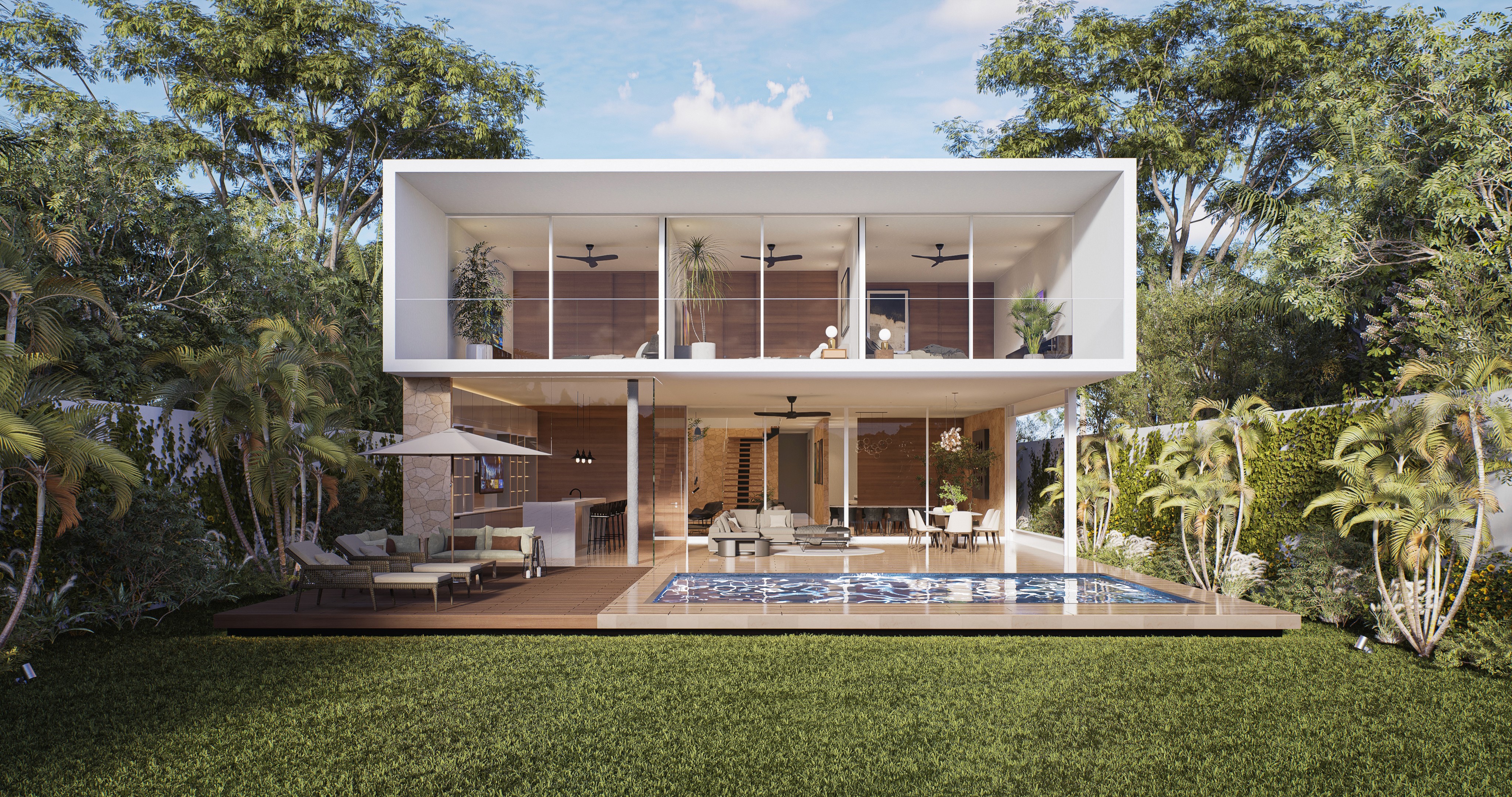 Back facade of glass house in la ceiba, merdia yucatan.