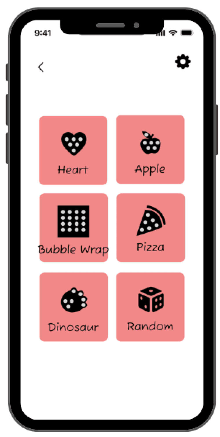 Pop-it fidgets, with options: heart, apple, bubble wrap, pizza, dinosaur, and random