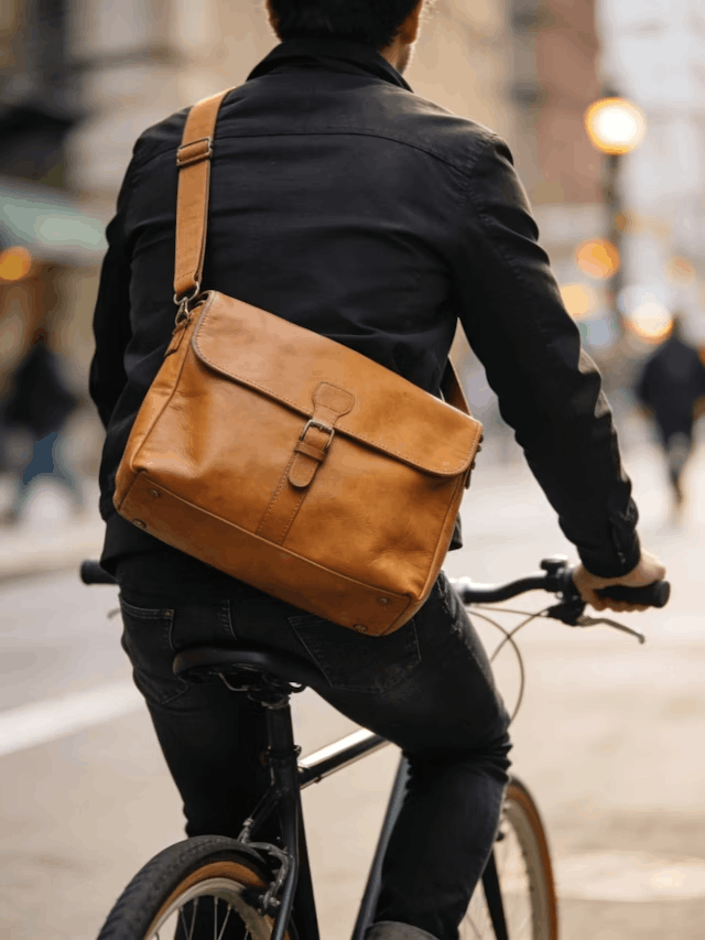 Man cycling with a tan leather messenger bag.