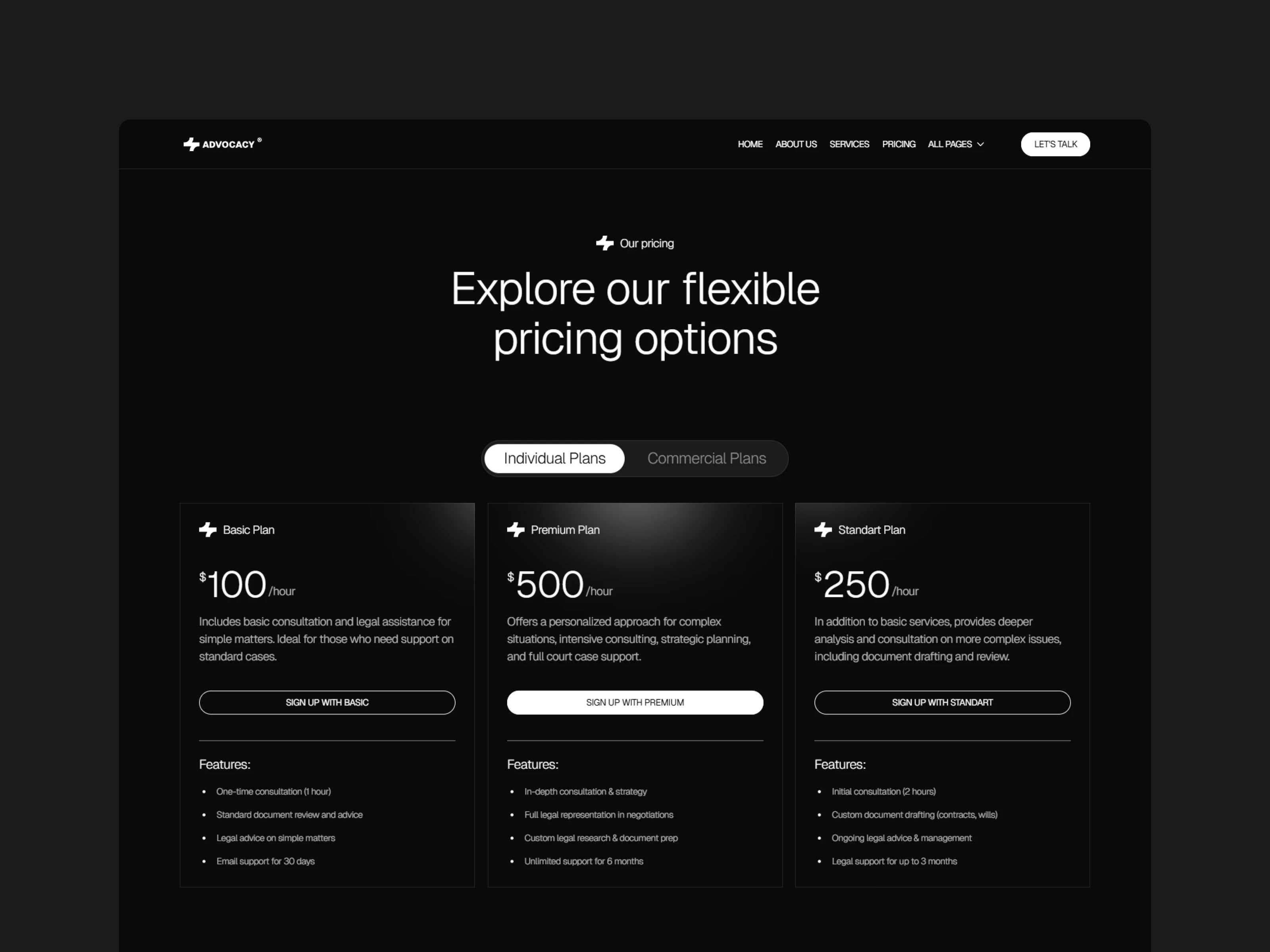 Advocacy law firm website template featuring dark UI and three pricing plans.
