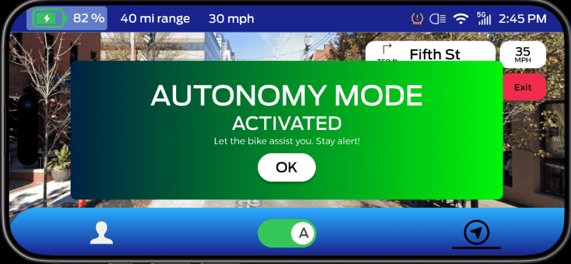 Centered popup on dashboard navigation with a green-blue gradient and title "AUTONOMY MODE ACTIVATED". Subtitle of "Let the bike assist you. Stay alert!" and a white OK button below the subtitle.