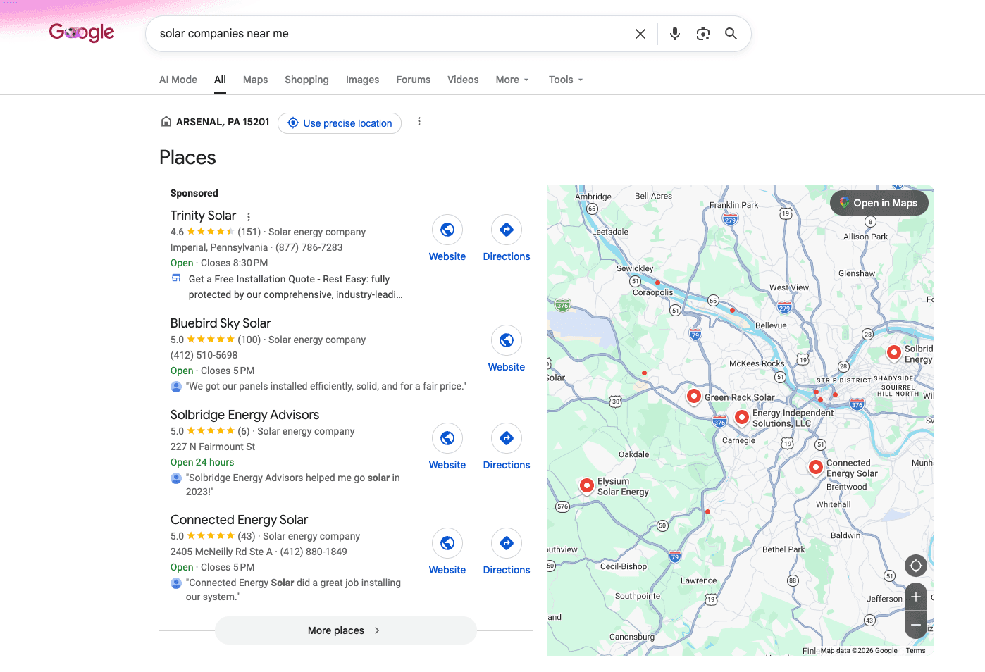 Google SERPs: solar companies near me