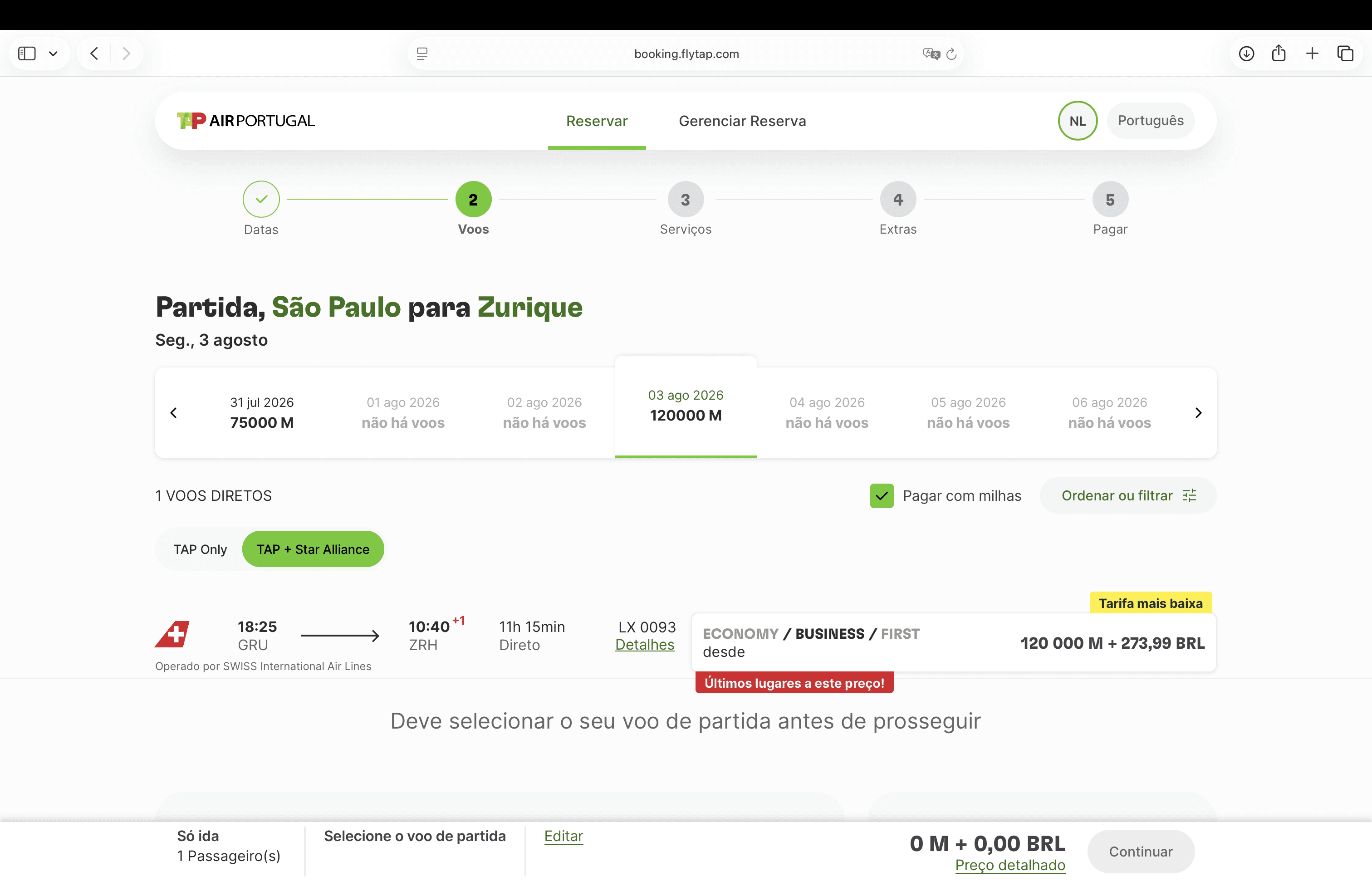 Tela do site da TAP exibindo voo direto da SWISS de São Paulo (GRU) para Zurique (ZRH) por 120.000 milhas e taxa em reais.