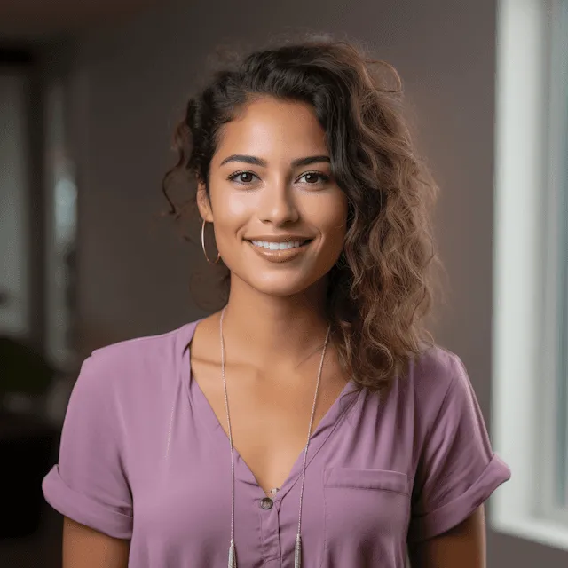 Professional portrait of a smiling woman with curly brunette hair wearing a mauve blouse and silver hoop earrings.