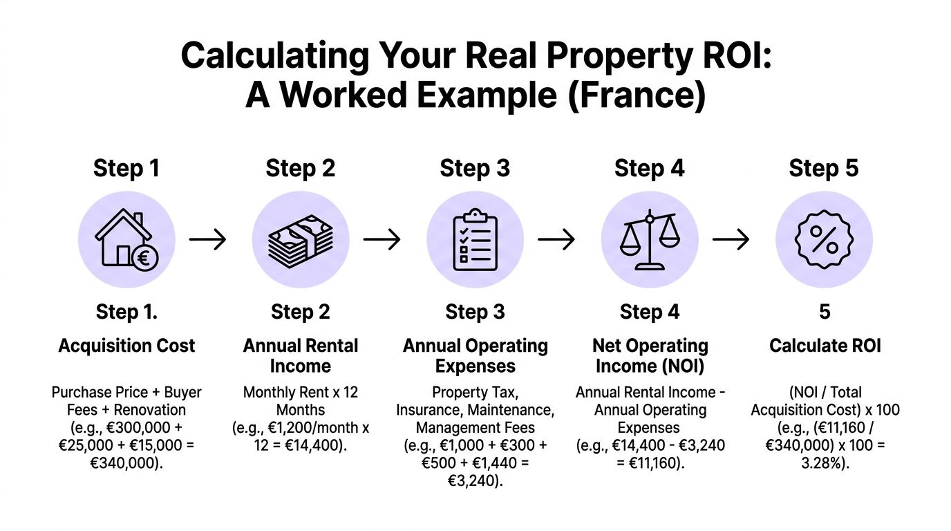 A five-step infographic showing how to calculate real estate return on investment using a French example.