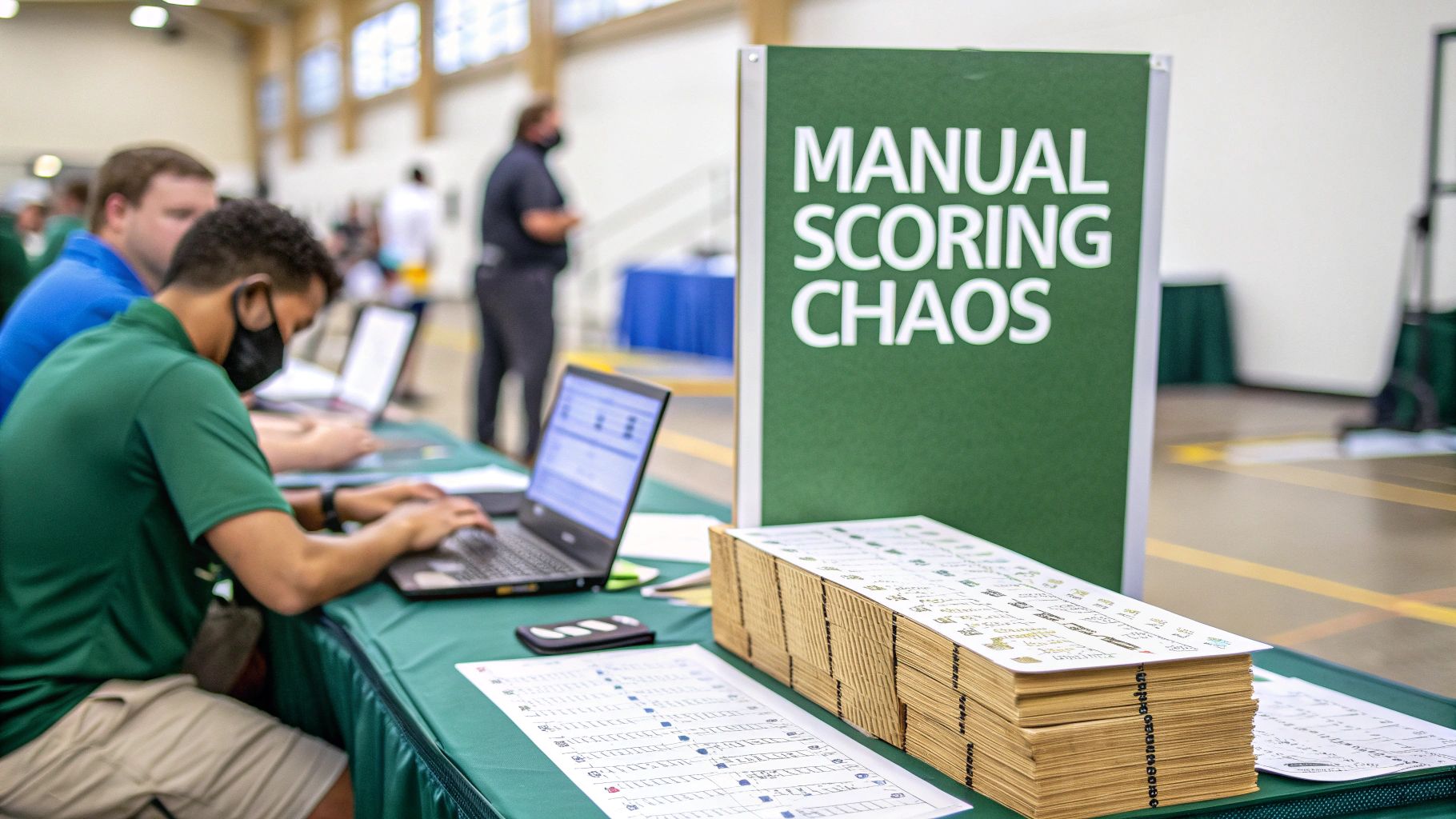 Event staff using laptops to enter scores next to a 'Manual Scoring Chaos' sign and scorecards.