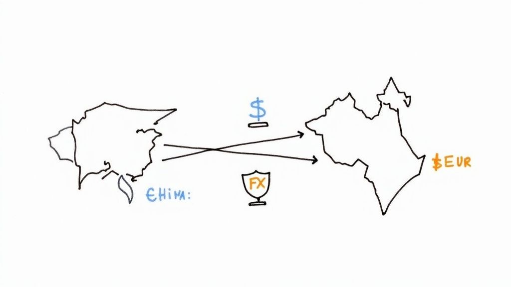 A whiteboard drawing illustrating foreign exchange (FX) currency trading between two regions, involving dollars and euros.