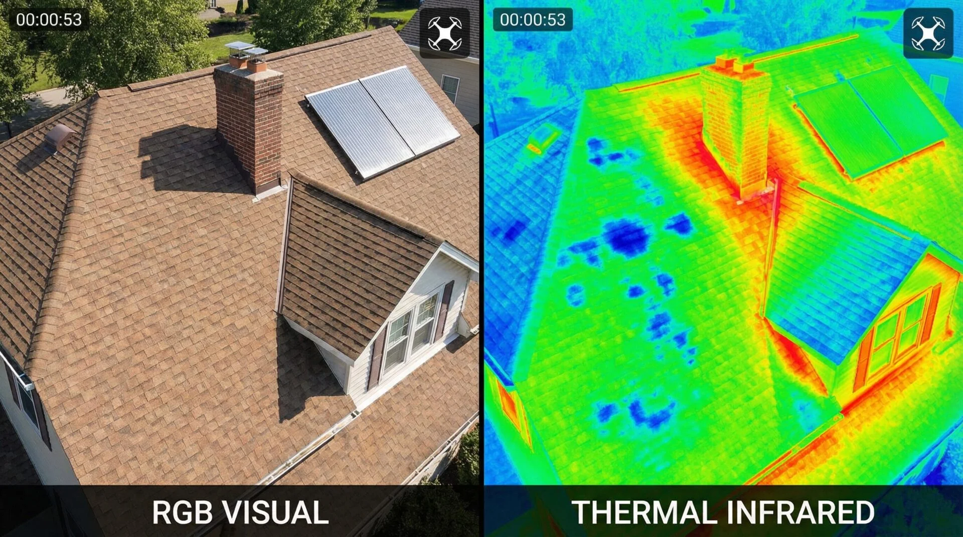 Side-by-side visual and thermal drone images of the same roof comparing standard and infrared inspection