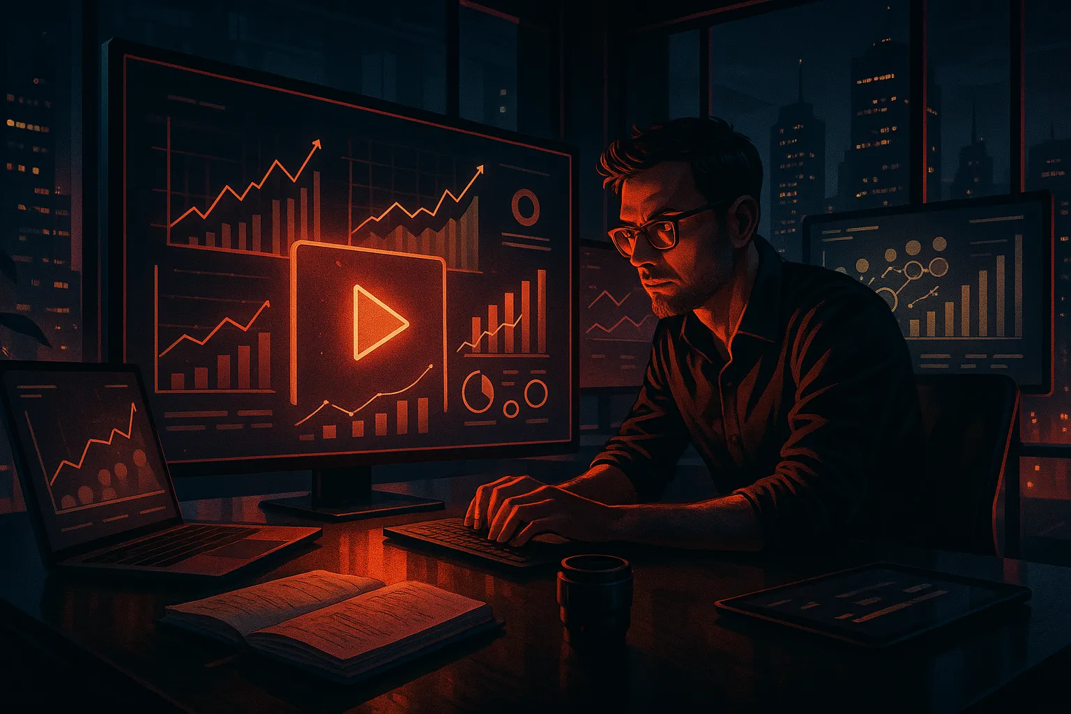 Digital Marketing expert at RockN' Socials working on analytics in a dark room.