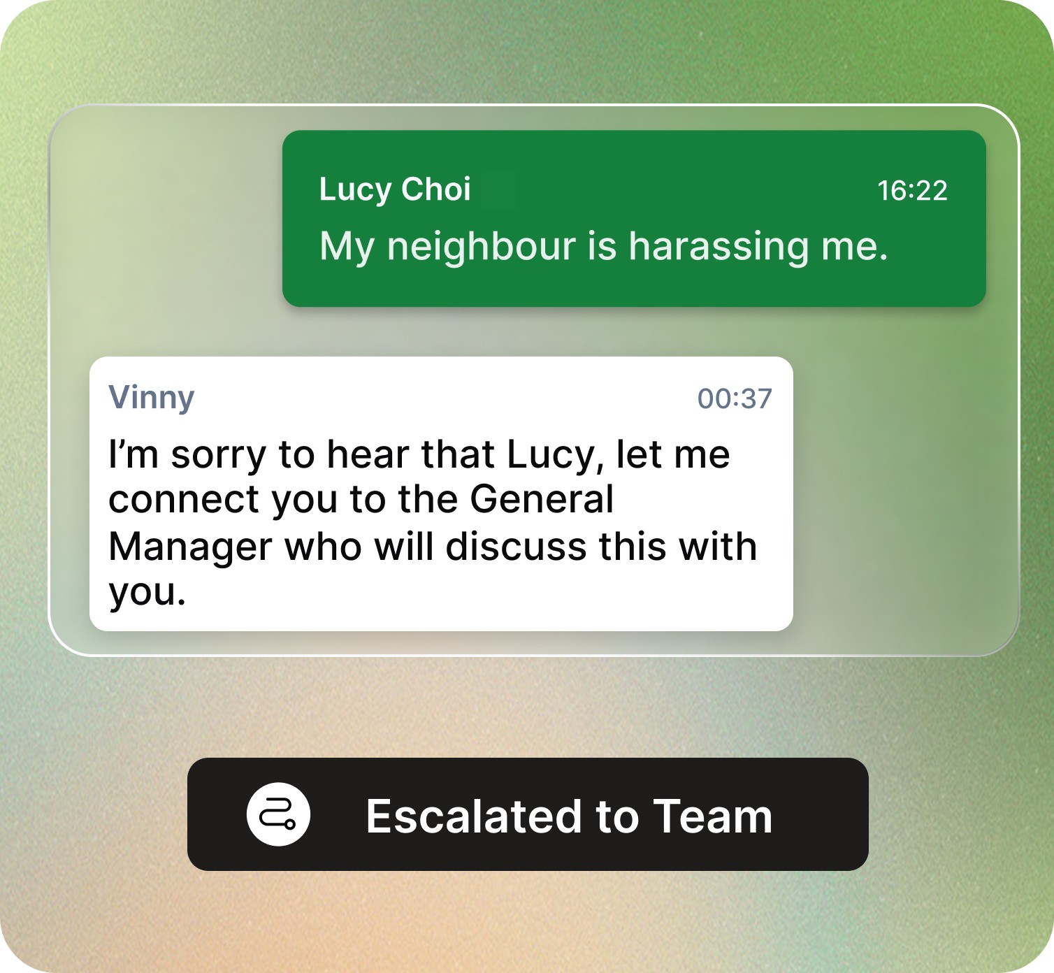 Chat interface showing a message from Lucy Choi saying, ‘My neighbour is harassing me.’ Vinny replies, ‘I’m sorry to hear that Lucy, let me connect you to the General Manager who will discuss this with you.’ A black banner at the bottom reads ‘Escalated to Team’ with an escalation icon, set against a green-to-peach gradient background.