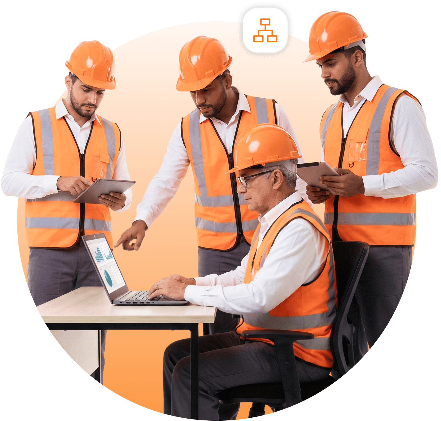 Profissional de segurança com capacete, óculos e protetor auricular, fazendo 'joinha' e segurando um tablet. Ao lado, o logo 'GEC - gestão de empresas contratadas', simbolizando a segurança na gestão de terceiros.