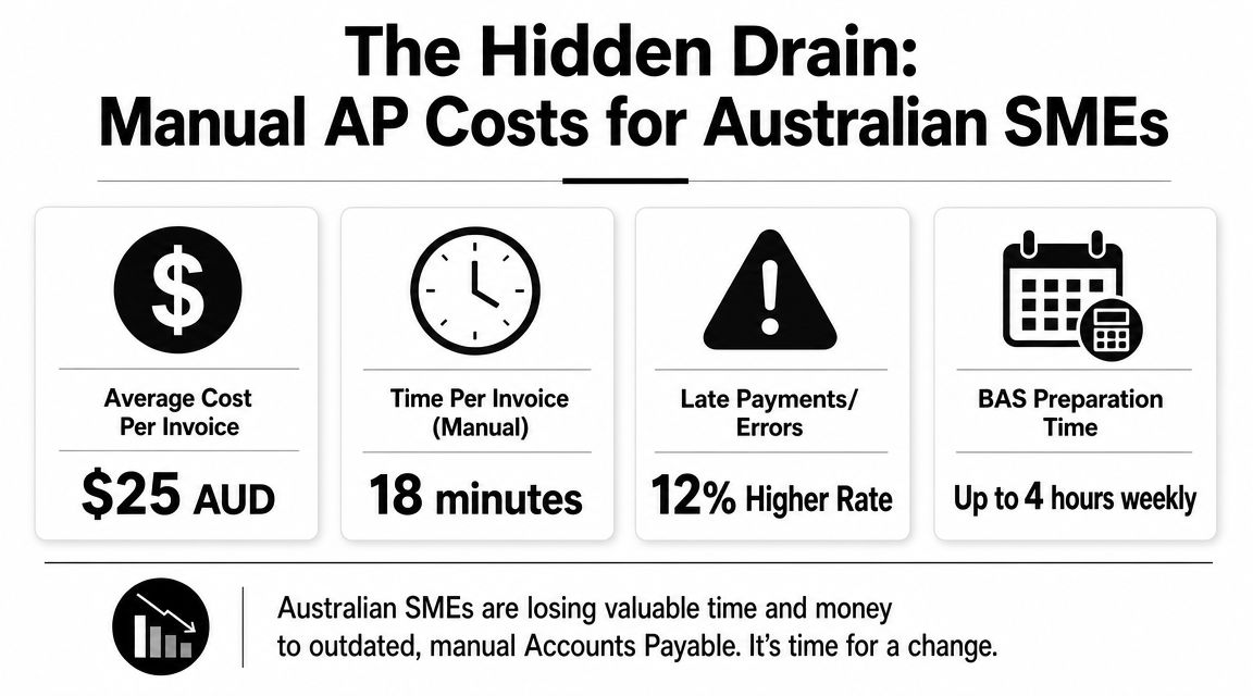 An infographic showing the high manual costs and time-consuming nature of accounts payable for Australian SMEs.