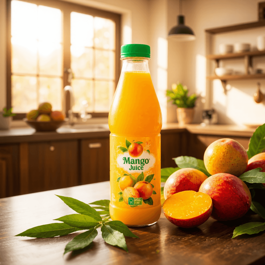 product photography of a bottle of mango juice