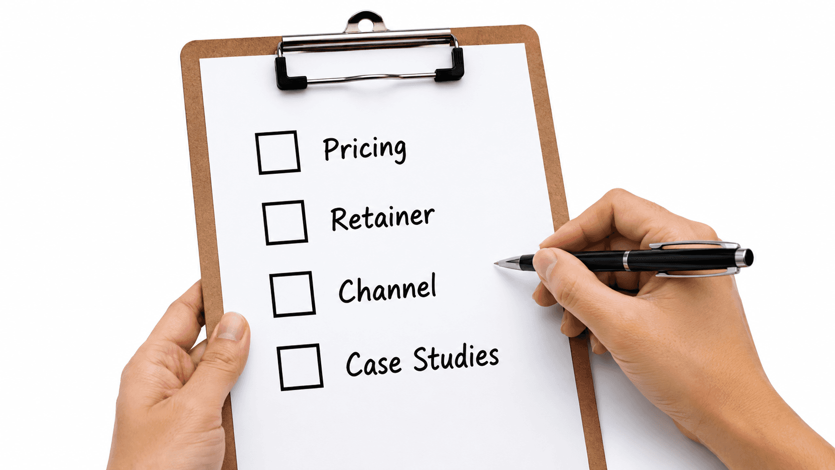 A simple checklist on a clipboard with four boxes: pricing, retainer, channel, c