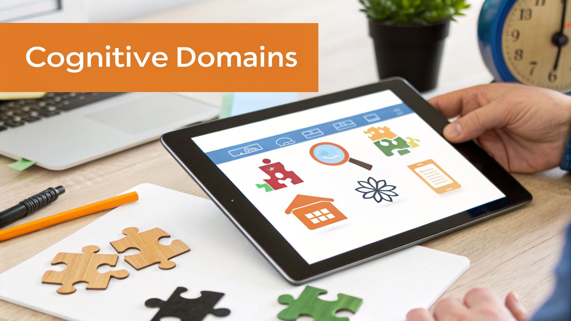 A person holds a tablet displaying cognitive domain icons, with wooden puzzle pieces on a desk.