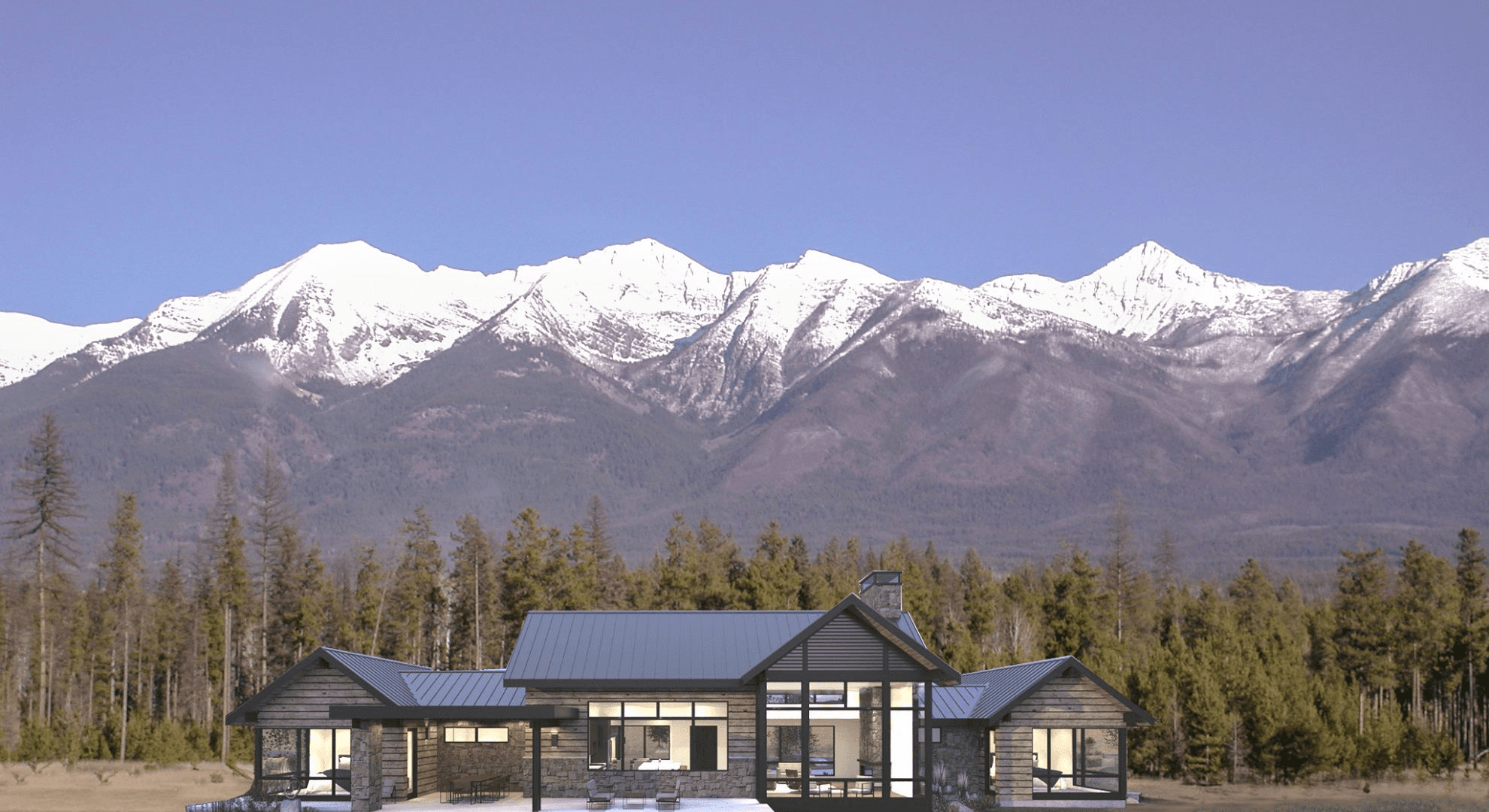 Log cabin with snow-capped mountains behind.