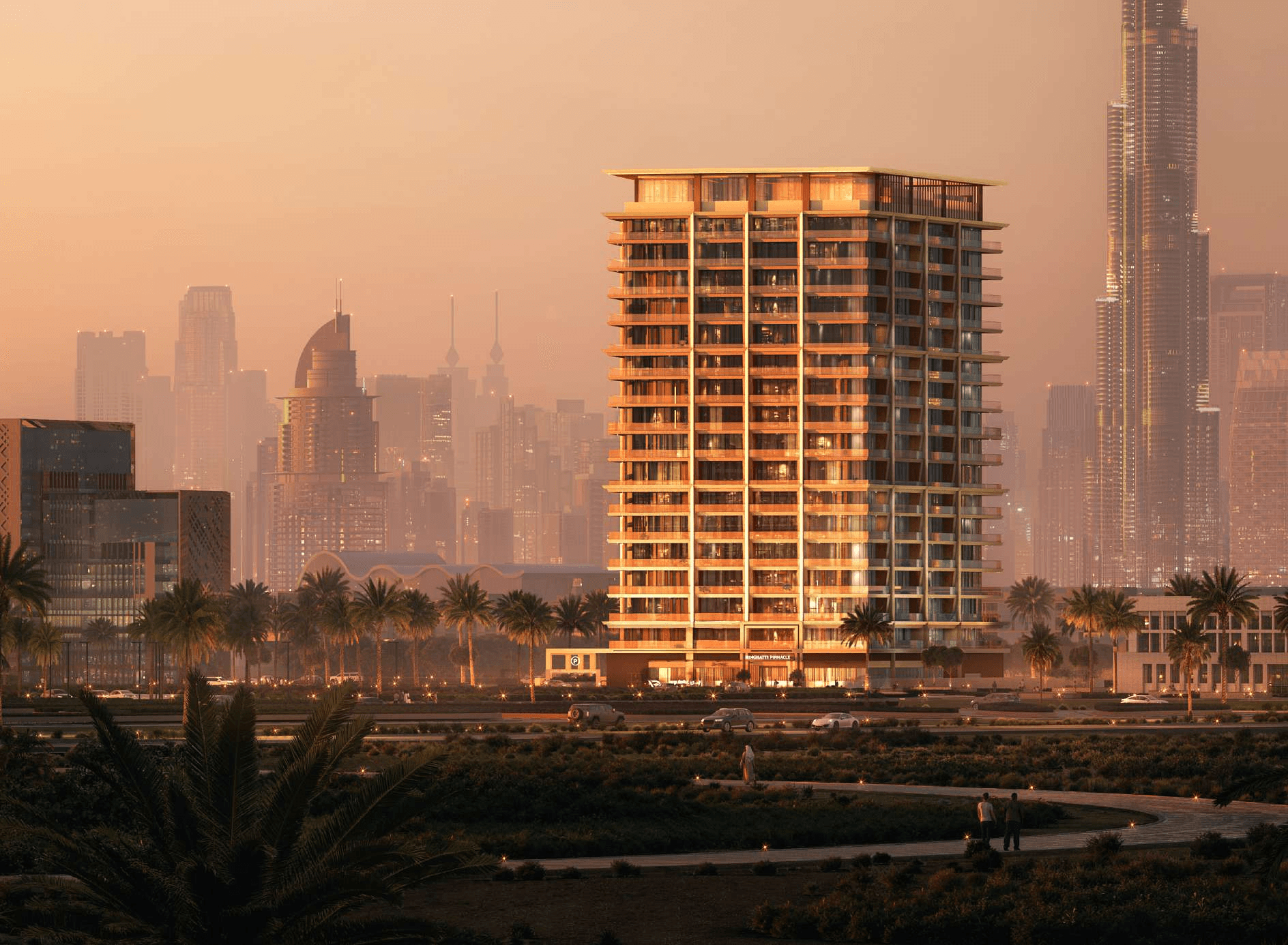 Modern architectural elevation of Binghatti Pinnacle showcasing its glass façade and skyline views. Invest in Dubai property with crypto via Tylt Real Estate.