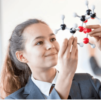 Girl examining a physical model of a scientific molecule