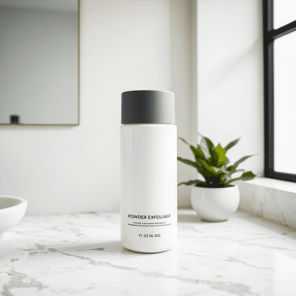 product photography of a bottle of powder exfoliant for skin brightening